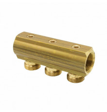 Коллектор Giacomini R551SY043 1 1/4″ ДУ-32 Py16 выходов 3 под адаптер с базой 18 мм внутренняя резьба, выходы наружная резьба, корпус латунь, с межосевым расстоянием выходов 50 мм