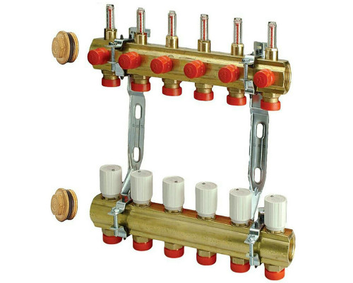 Коллекторная группа Giacomini R553K 1″x3/4″x5 ДУ-25х20 PN-10 с термостатическими клапанами и расходомерами, предварительно собранный на кронштейнах