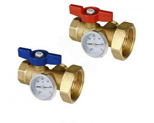Комплект шаровых кранов Giacomini R287М 1″ ДУ-25x40 PN-35 стандартнопроходной, латунный, внутренняя/наружная резьба, ручка-бабочка с термометром (R287MY005)