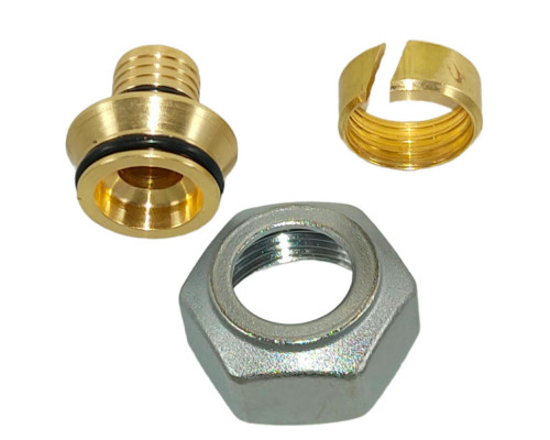 Адаптер зажимной Giacomini R179E Dn20x2.8-G3/4″ Ру-10 латунный, с накидной гайкой, внутренняя резьба (евроконус), для металлопластиковых труб