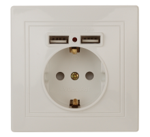 Розетка Intro Plano 2021 1-410-02 2P+E Schuko, 16А-250В со шторками + 2хUSB 2.1А-5В, для скрытой установки, с заземлением, моноблок, IP20, цвет - слоновая кость