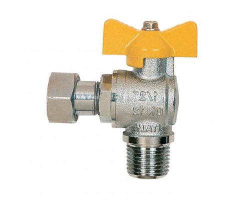 Кран шаровой Itap 062 ДУ-15x1/2″ PN-5 для газа полнопроходной, угловой, НР/накидная гайка, ручка-бабочка, корпус - никелированная латунь
