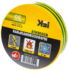 Изолента IEK ПВХ 0,18х19 мм, L=20 м, желто-зеленая