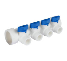 Коллектор PP-R Kalde Дн40/4х20 PN-25 с запорными кранами, под сварку, корпус - полипропилен, синий