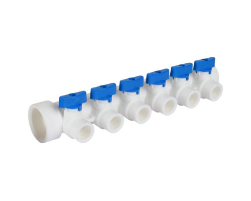 Коллектор PP-R Kalde Дн40/6х20 PN-25 с запорными кранами, под сварку, корпус - полипропилен, синий
