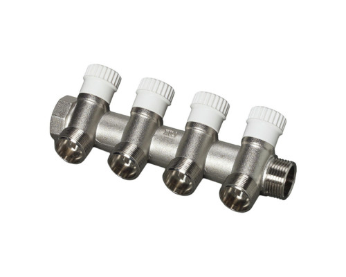 Коллектор LUXOR CP 464 G3/4″ х G1/2″ ДУ-20 PN-10 распределительный 4-ходовой, корпус - латунь, плоское уплотнение, 4 отвода