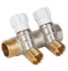 Коллектор MVI MM.4 ДУ-20 PN-10 с регулирующими вентилями, 2 выхода – наружная резьба 1/2″, присоединение – внутренняя/наружная резьба 3/4″, межосевое расстояние – 40 мм, корпус – латунь