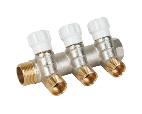 Коллектор MVI MM.4 ДУ-20 PN-10 с регулирующими вентилями, 3 выхода – наружная резьба 1/2″, присоединение – внутренняя/наружная резьба 3/4″, межосевое расстояние – 40 мм, корпус – латунь