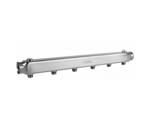 Коллекторная балка MVI ML.4 ДУ-25 PN-16 6 выходов - наружная резьба 1/2″, присоединение - внутренняя/наружная резьба 1″x1/2″, межосевое расстояние - 100 мм, корпус - нержавеющая сталь