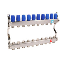 Коллекторная группа MVI MS.4 1″ ДУ-25 PN-10 с ручными регулировочными клапанами, 10 выходов - наружная резьба 3/4″ под евроконус, межосевое расстояние – 50 мм, корпус - нержавеющая сталь
