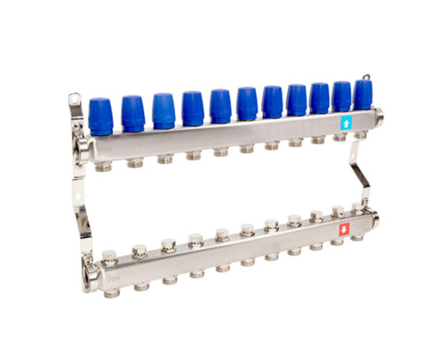 Коллекторная группа MVI MS.4 1″ ДУ-25 PN-10 с ручными регулировочными клапанами, 11 выходов - наружная резьба 3/4″ под евроконус, межосевое расстояние – 50 мм, корпус - нержавеющая сталь