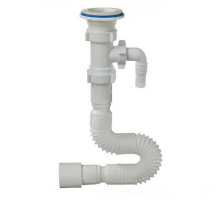 Сифон для умывальника Орио А-70175 1 1/2″x40/50 гофрированный, длина 850 мм, с отводом (штуцером), выпуск с пластиковой решеткой диаметром 70 мм, цвет - белый