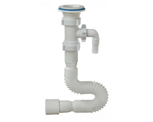 Сифон для умывальника Орио А-70135 1 1/2″x40/50 гофрированный, длина 470-1250 мм, с отводом (штуцером), выпуск с пластиковой решеткой диаметром 70 мм, цвет - белый