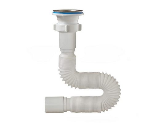 Сифон для умывальника Орио А-30171 1 1/2″x40 гофрированный, длина 340-850 мм, выпуск с нержавеющей решеткой диаметром 70 мм, цвет - белый