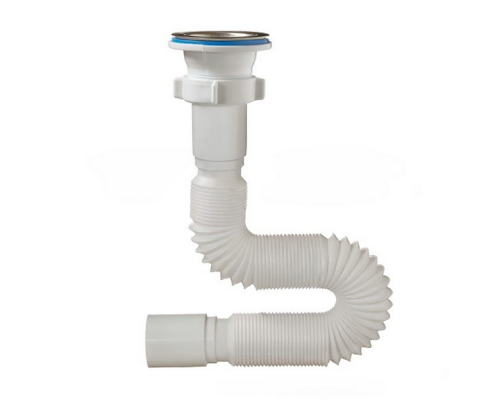 Сифон для умывальника Орио А-30131 1 1/2″x40 гофрированный, длина 440-1200 мм, выпуск с нержавеющей решеткой диаметром 70 мм, цвет - белый