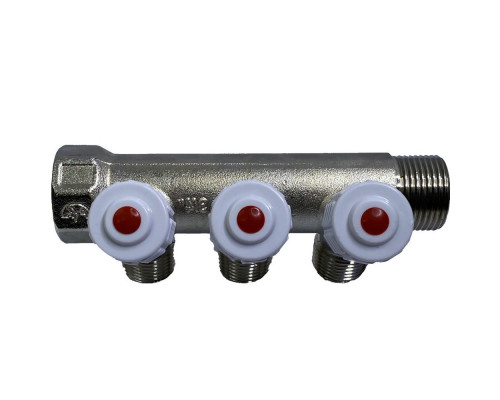 Коллектор Пензапромарматура 3/4″ ДУ-20 PN-10 3 отвода 1/2″ ДУ-15 ВР/НР, с регулирующими клапанами