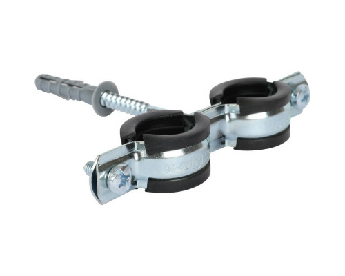 Хомут STOUT SAC-0020 1/2″ двойной для тРУ-б Dn(20-24), в комплекте со шпилькой-шуРУ-пом и пластиковым дюбелем, корпус - оцинкованная сталь, уплотнение - EPDM