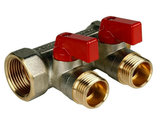 Коллектор STOUT SMB 6200 1″-1/2″ PN-10 с шаровыми кранами, красные ручки, корпус- никелированная латунь, 2 отвода