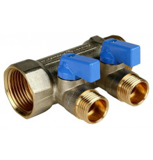 Коллектор STOUT SMB 6211 1″-1/2″ PN-10 с шаровыми кранами, синие ручки, корпус- никелированная латунь, 2 отвода