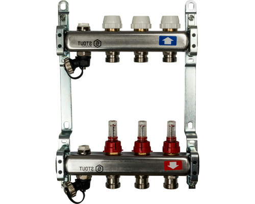 Коллектор из нержавеющей стали STOUT SMS 0927 3/4″-1″ PN-6 с расходомерами, с клапаном выпуска воздуха и сливом, 4 выхода