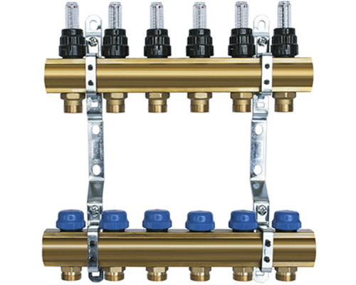 Коллекторная группа Stahlmann IWS 1″x3/4″x2 ДУ-25х20 PN-10 под евроконус, с расходомерами, латунь