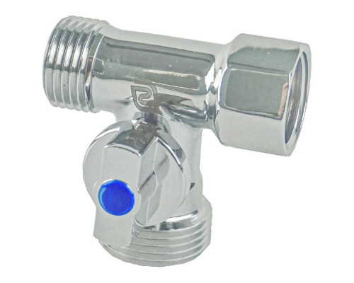 Кран шаровой SantechSystems ДУ-1/2″х3/4″х1/2″ PN-10 стандартнопроходной муфтовый, латунный, наружная/внутренняя резьба, управление ручка-флажок, трехходовой
