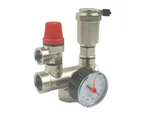 Группа безопасности котла Benarmo Dn-25 3/4″-1/2″-1/2″-1/4″, латунь, внутренняя резьба, давление настройки 3 бар