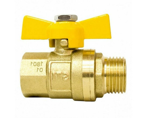 Кран шаровой STI для газа 1/2″ ДУ-15 PN-16 муфтовый (штуцер-муфта) полнопроходной, бабочка, корпус - латунь